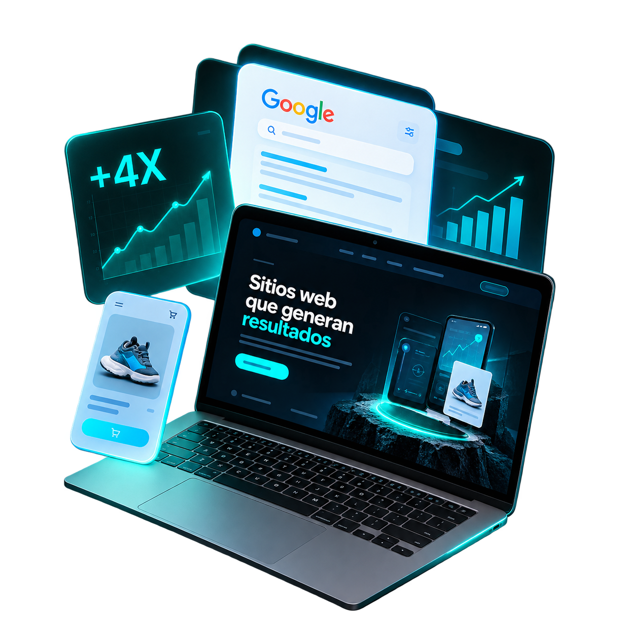 Laptop, tienda y resultados de búsqueda para servicios digitales
