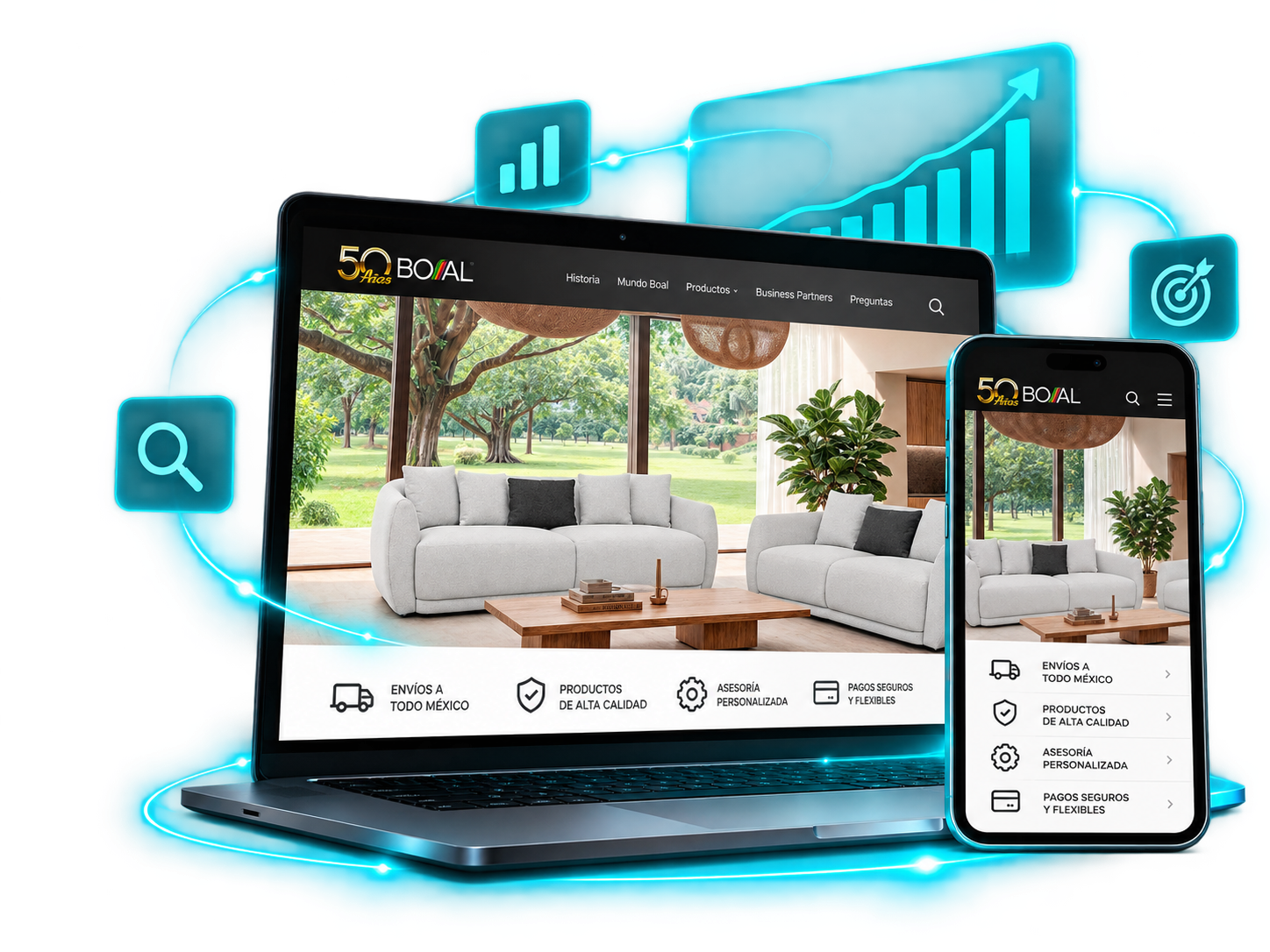 Sitio de Muebles Boal en laptop y celular