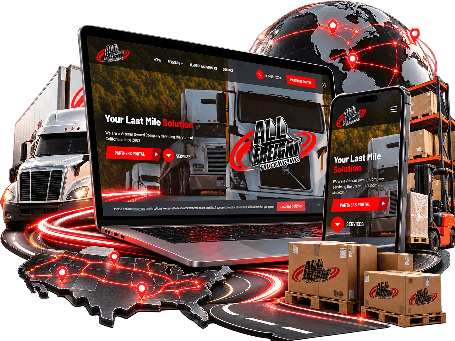 Sitio de All Freight Inc. en laptop y celular