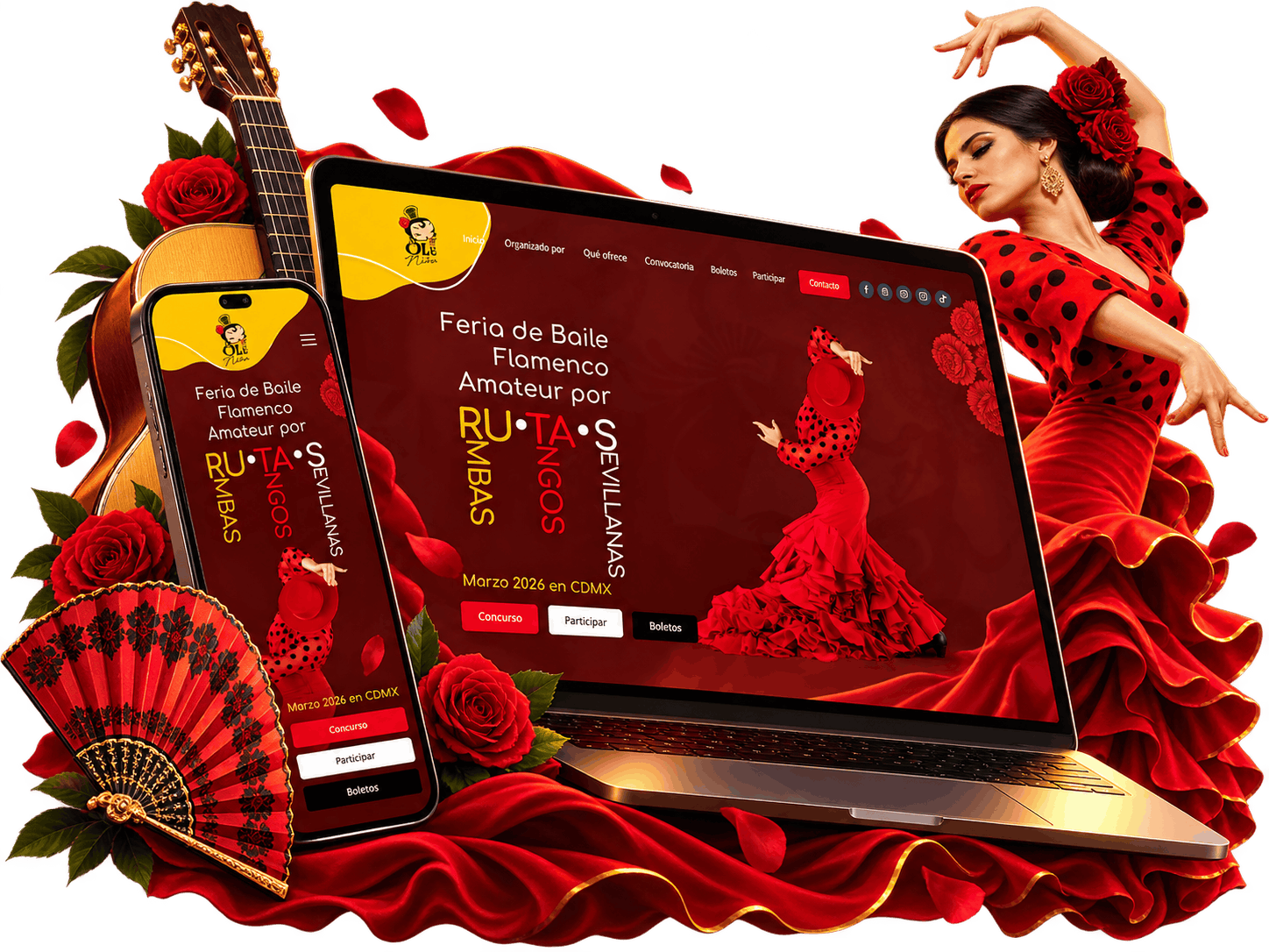 Sitio de la Feria de Baile Flamenco en laptop y celular