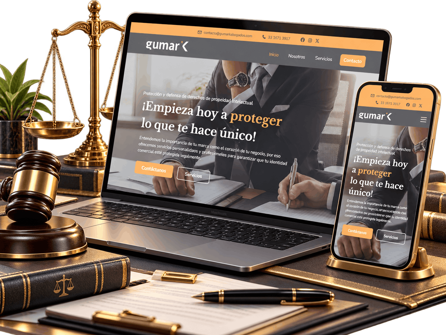 Sitio de Gumark Abogados en laptop y celular